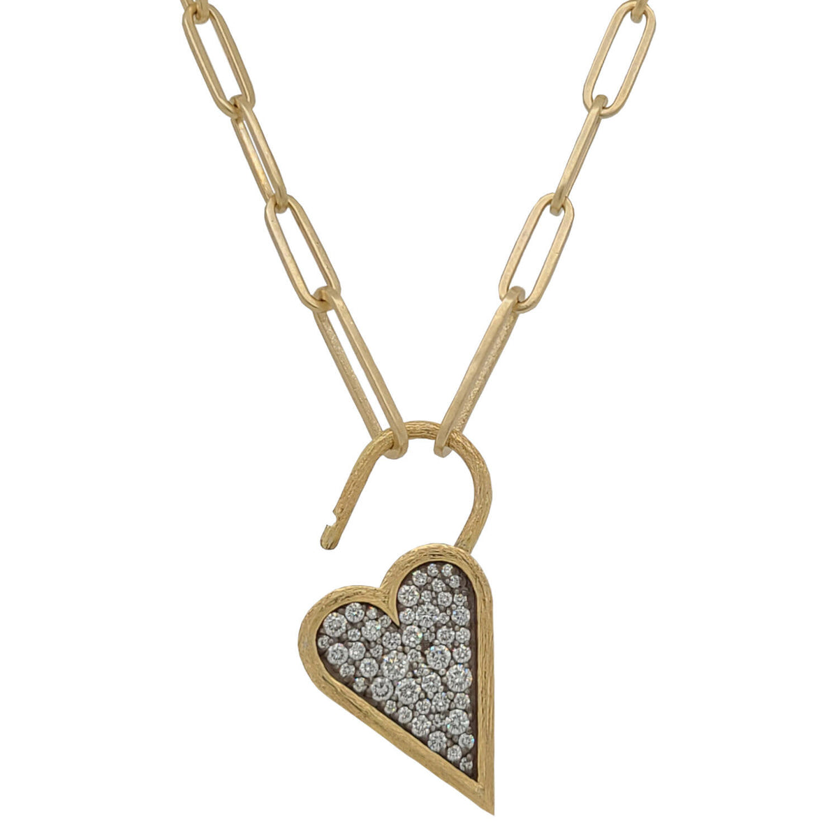 Pave Heart Padlock 14k Yellow Gold Pendant Necklace in White Diamond