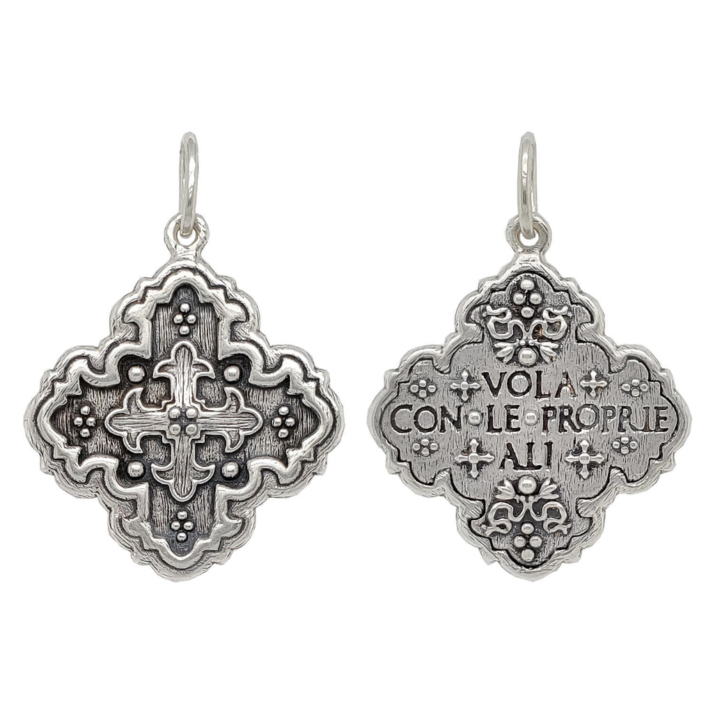 Maltese double sided cross reads "she flies with her own wings" shown in oxidized sterling  sliver #c222x-0