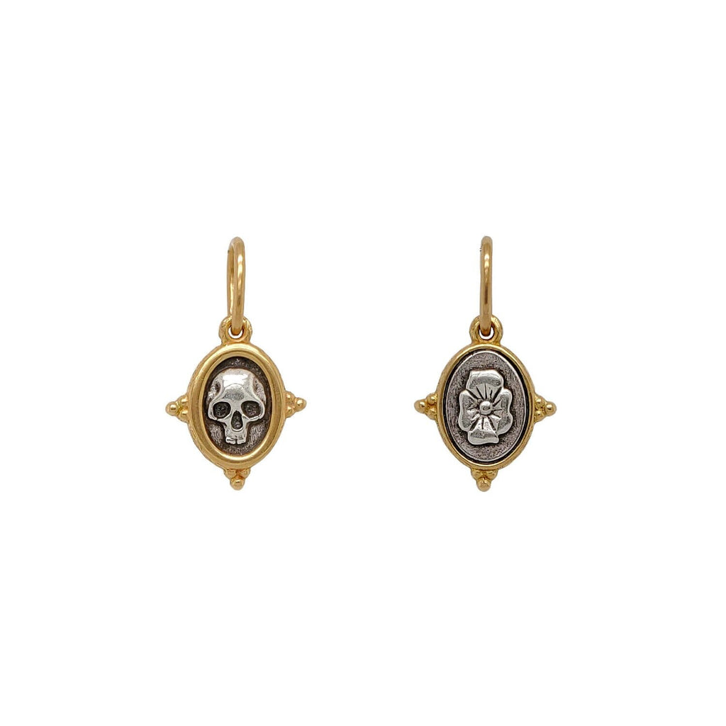 baby skull + flowers double sided charm shown in oxidized sterling silver with 18k gold rim & bail #c266c